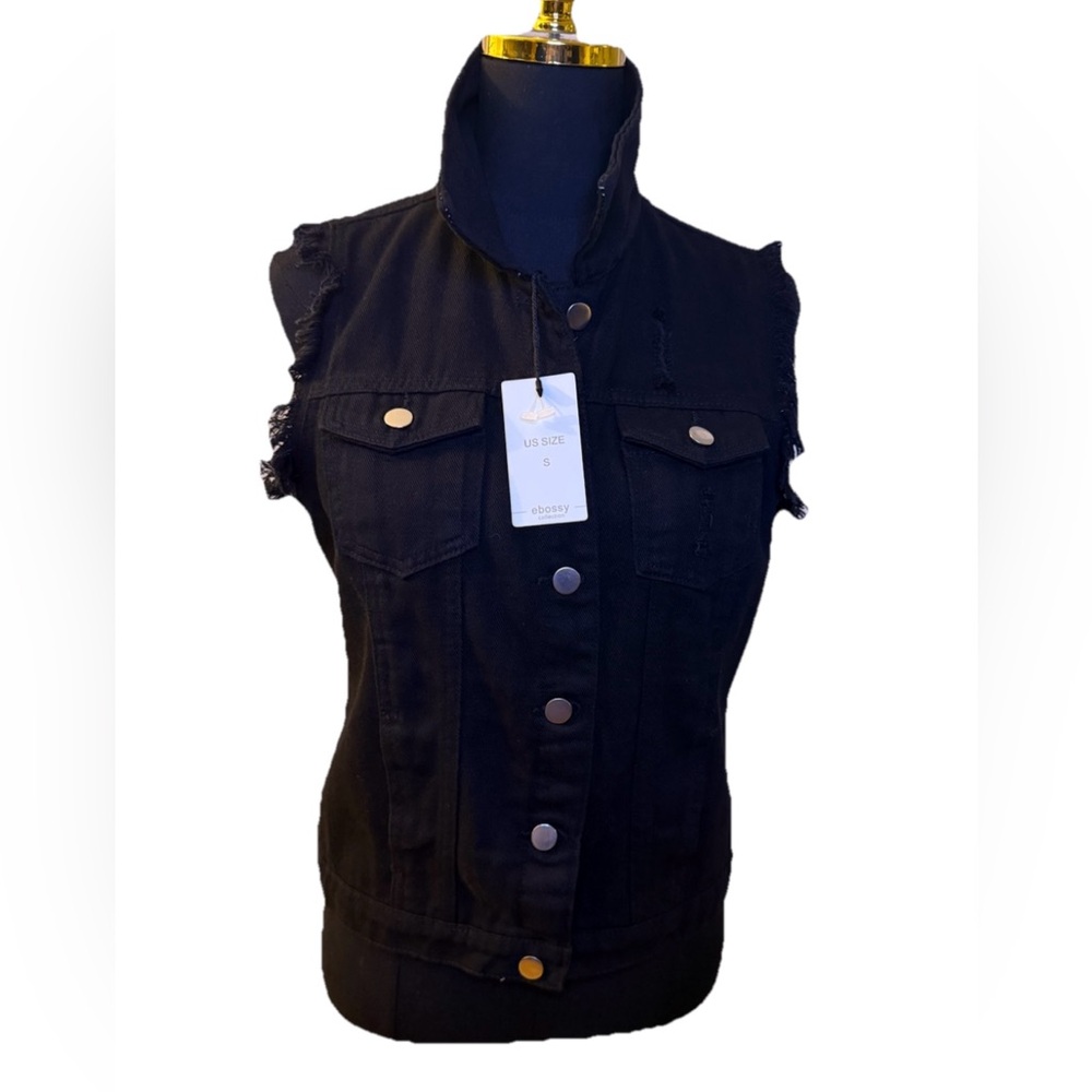 Distressed Black Denim Vest, Gold Tone Accents by Ebossy, Size Small, NWT